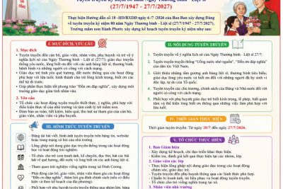 Ngày 27 tháng 7 hằng năm là dịp để toàn Đảng, toàn dân và toàn quân ta bày tỏ lòng biết ơn sâu sắc đối với các anh hùng liệt sĩ, các Mẹ Việt Nam Anh hùng, các thương binh, bệnh binh, người có công với cách mạng đã cống hiến, hy sinh vì độc lập, tự do của dân tộc, vì hạnh phúc của Nhân dân.  Đây cũng là dịp để mỗi cán bộ, giáo viên, nhân viên và các em học sinh cùng ôn lại truyền thống vẻ vang của dân tộc, giáo dục lòng yêu nước, lòng biết ơn và trách nhiệm của thế hệ hôm nay trong việc gìn giữ, phát huy những thành quả mà các thế hệ cha anh đã đổi bằng xương máu. Trường mầm non Hành Phước xây dựng kế hoạch tuyên tuyền như sau: